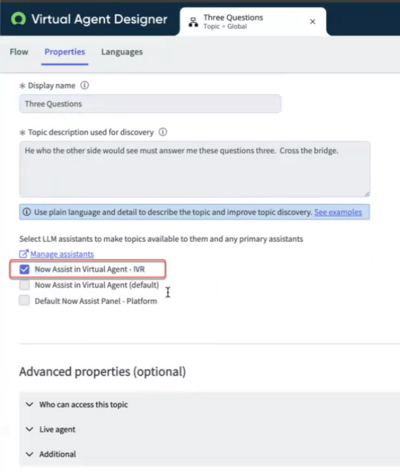 Selecione seu personalizado Now Assistassistente para URA conversacional no Designer do Virtual Agenttópico.