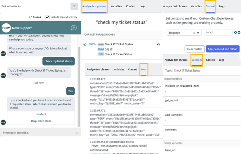 Guias de teste de conversa mostradas na janela de teste de bate-papo, com as opções Analisar frases de teste, Variáveis, Contexto e Logs realçadas.