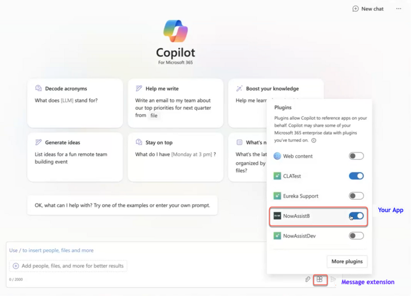 Microsoft Copilot exibindo os aplicativos habilitados para extensão de mensagem.