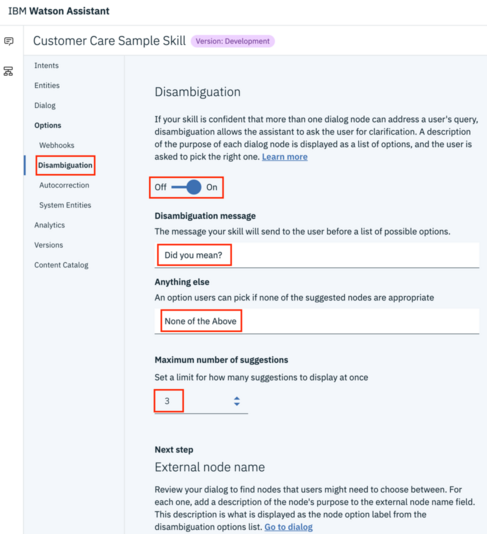 Formulário de desambiguação em IBM Watson Assistant. As opções guia de desambiguação, alternância de ativação/desativação, mensagem de desambiguação, qualquer outra mensagem e o máximo de sugestões são realçadas.
