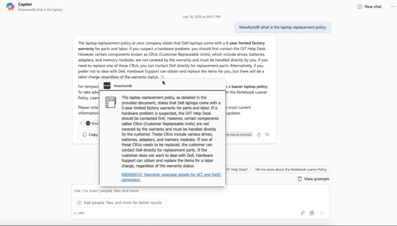 Microsoft Copilot, fornecendo o Base de conhecimento artigo em resposta às perguntas feitas.