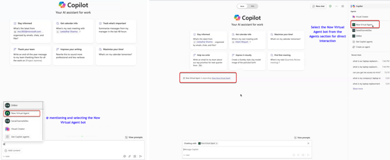 Selecione o bot Now Virtual Agent em Copilot para sua interação.