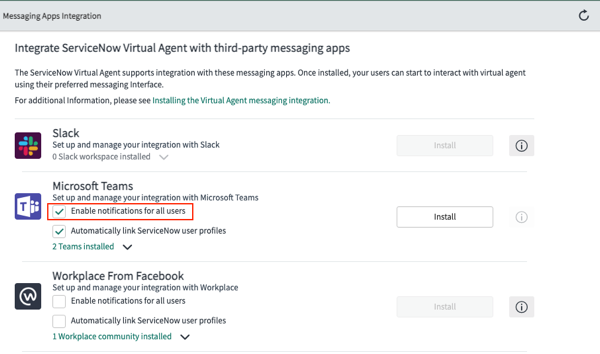 Página Integração de aplicativos de envio de mensagens com o campo Habilitar notificações para todos os usuários para a opção Microsoft Teams realçado.