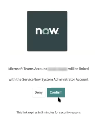 Microsoft Teams caixa de diálogo de confirmação de vinculação de conta.