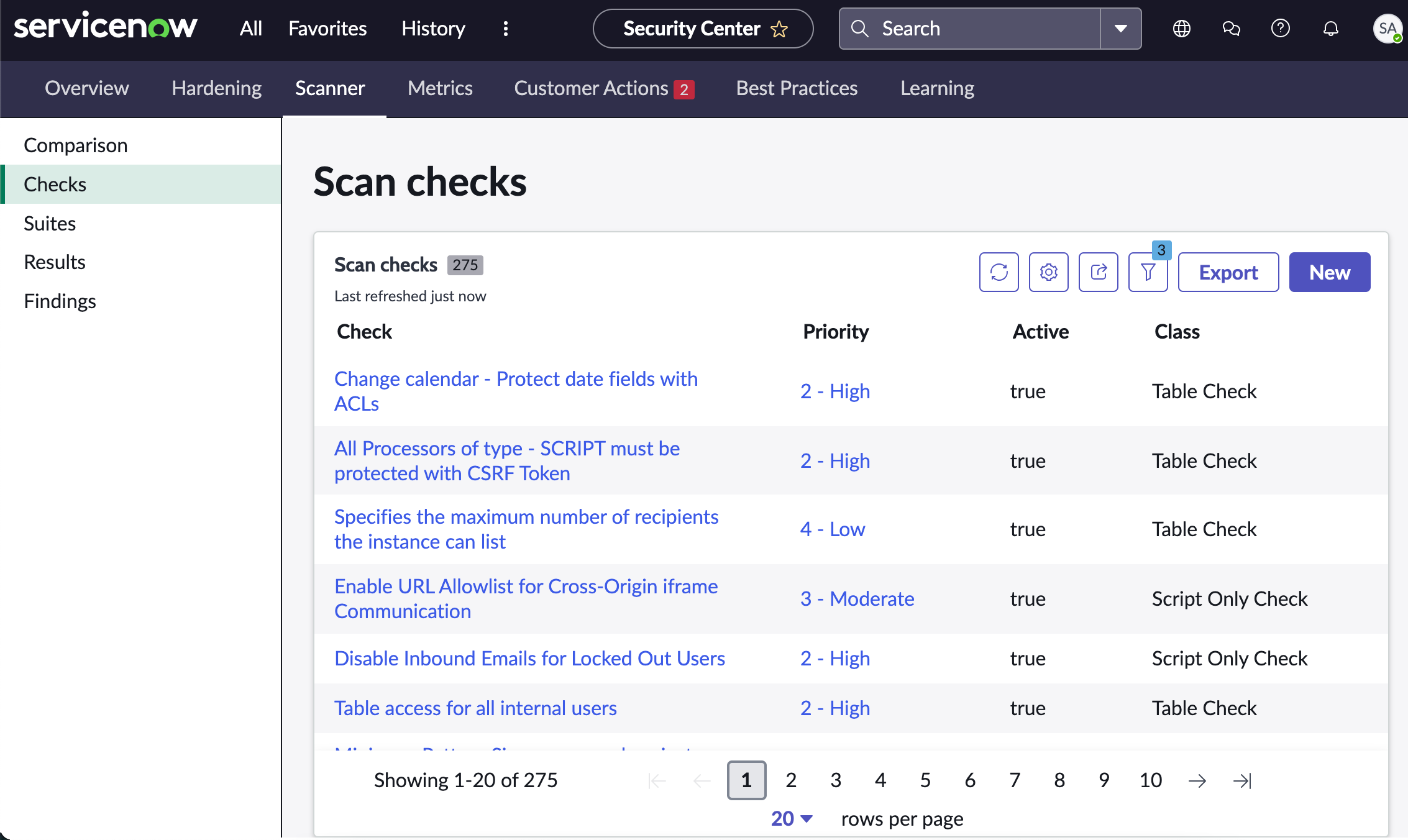Security scanner tab in the Security Center