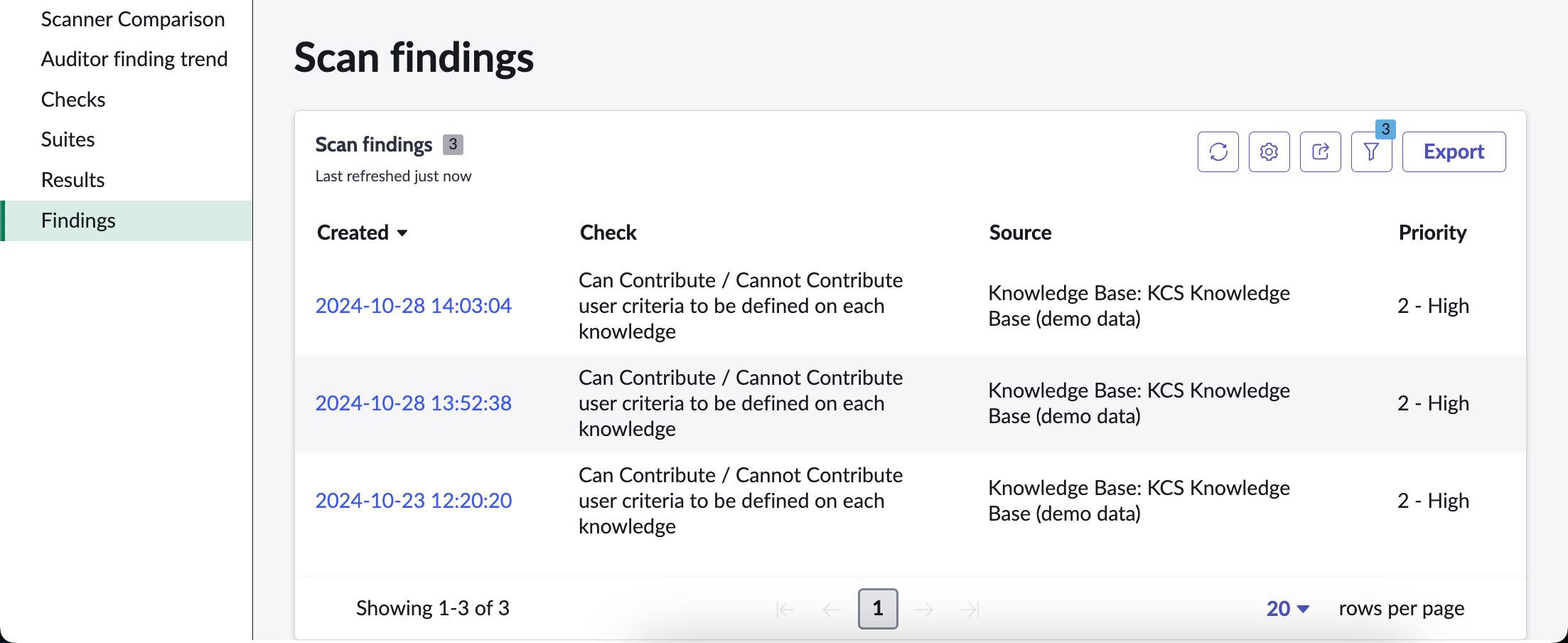 Scan findings list in a scan result