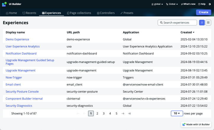 The UI Builder home screen showing the experiences tab.