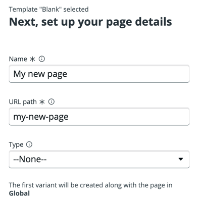 Page details including page name, URL path, and page type.