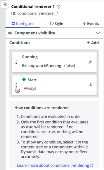 Conditional renderer component in the configuration panel with the "Running" condition placed near the "Start" condition.
