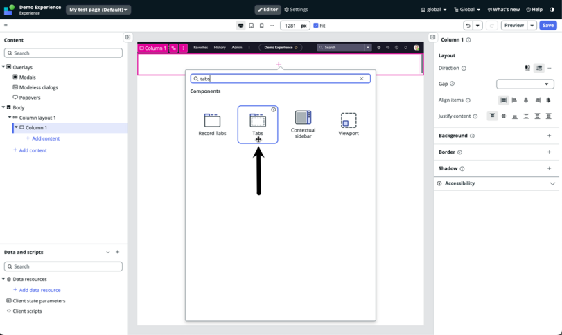 Arrow pointing to tabs component in the toolbox.