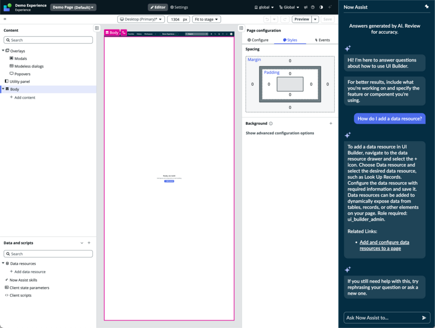 UI Builder editor with the Now Assist Now Assist panel open, showing a question and a response.