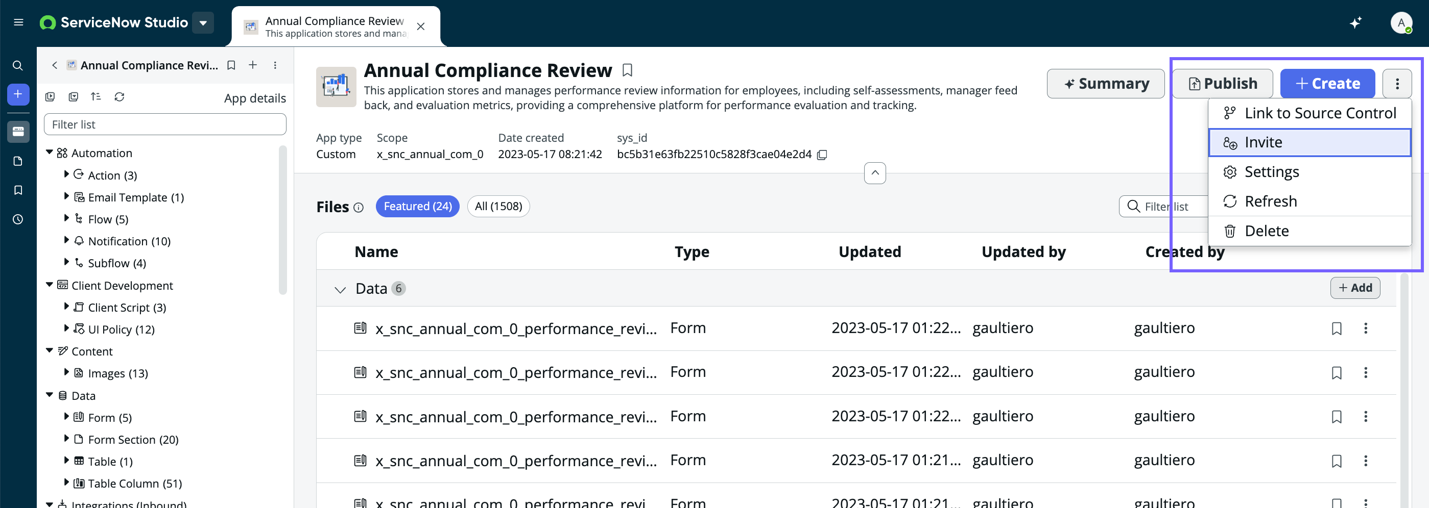 Invite collaborators to work on your app using the more options menu on the app details page.