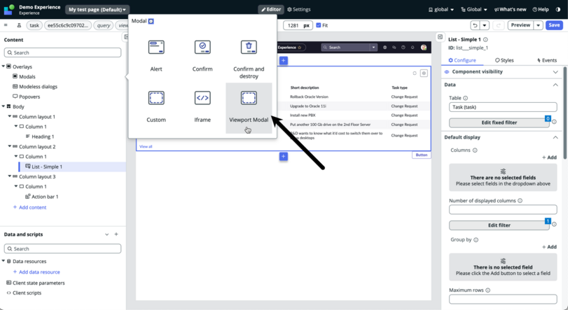Pointer selecting the viewport modal in the modal list.