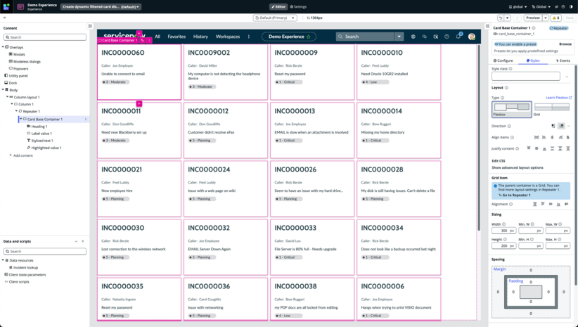 UI Builder editor showing data-bound values on each card.