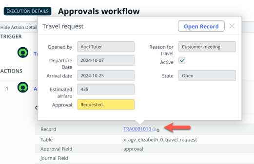 You can open, view, and edit test records within your flow by selecting the record number, then selecting Open Record.