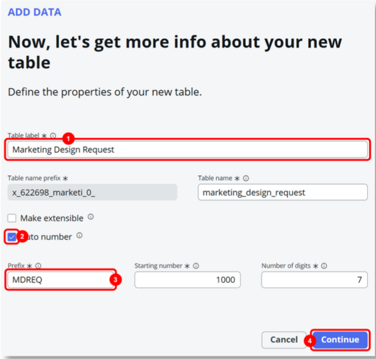 Fill in the form for your new table.