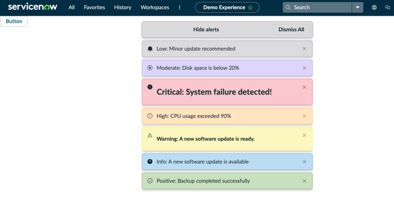 UI Builder editor showing a button and a series of custom scripted alerts.