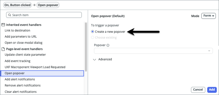 Arrow pointing to the Create a new popover option.