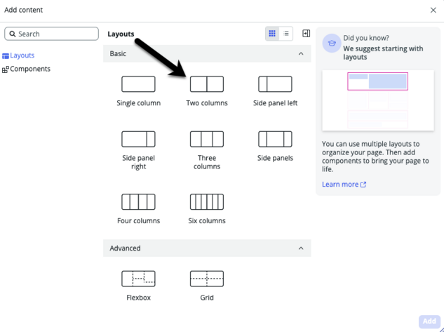 Arrow pointing to the two columns layout in the toolbox.