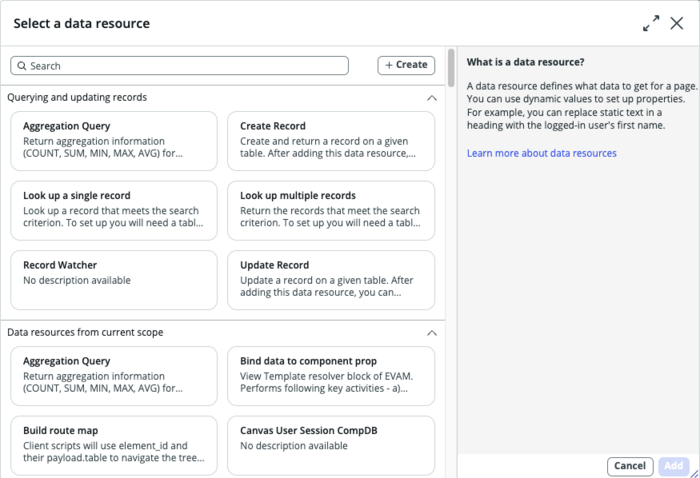 Data resources select modal.