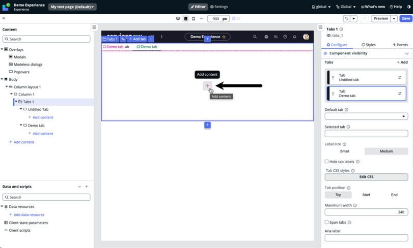 Arrow pointing to the + icon to add a component to the demo tab.