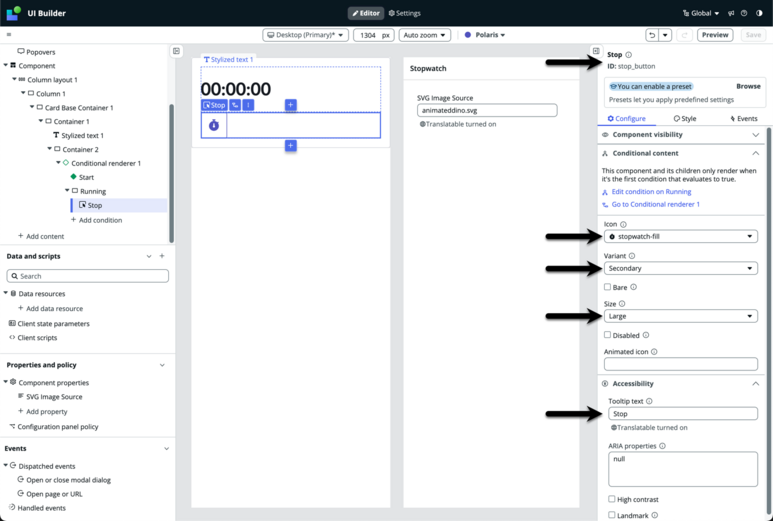 Custom component building UI with arrows pointing to the component label, and Icon, Variant, Size, and Tooltip text fields in the configuration panel.