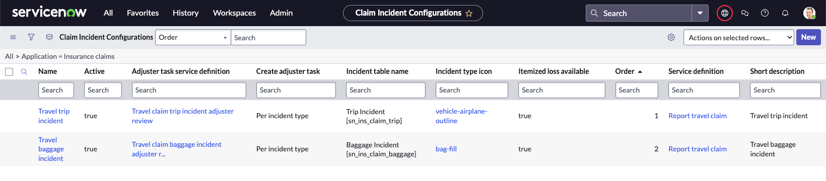Tabela Configuração de incidente de sinistro em Créditos de seguro.