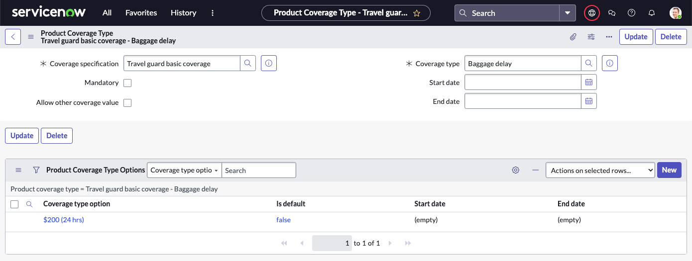 Tipo de cobertura de atraso de bagagem com uma opção de tipo de cobertura, configurado para uma especificação de cobertura de viagem.