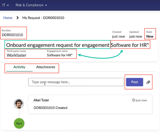 従業員サービスセンター (ESC) の [アクティビティ] タブからのデューデリジェンス要求ビュー。
