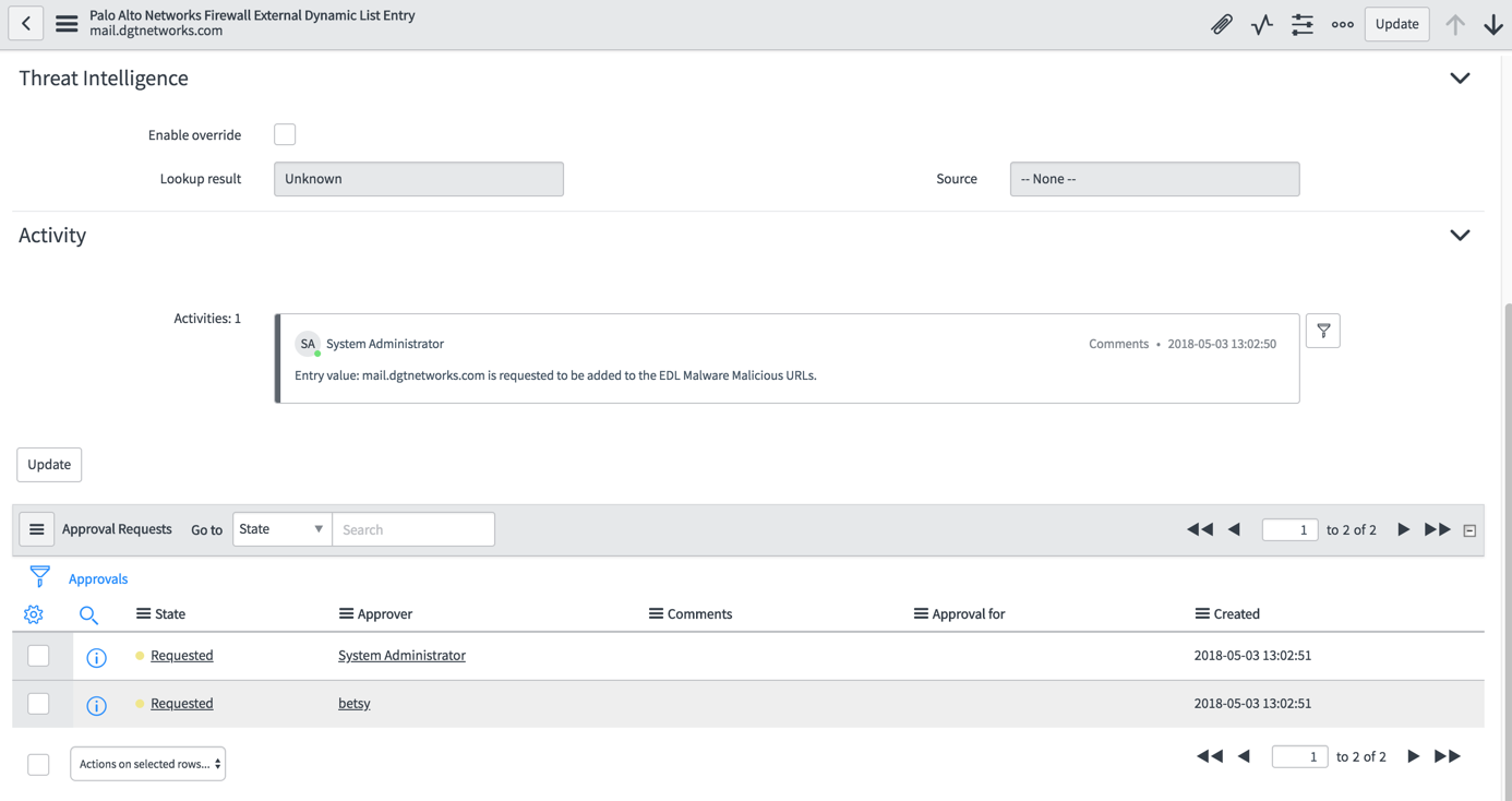 Approval requests on the firewall EDL entry record.