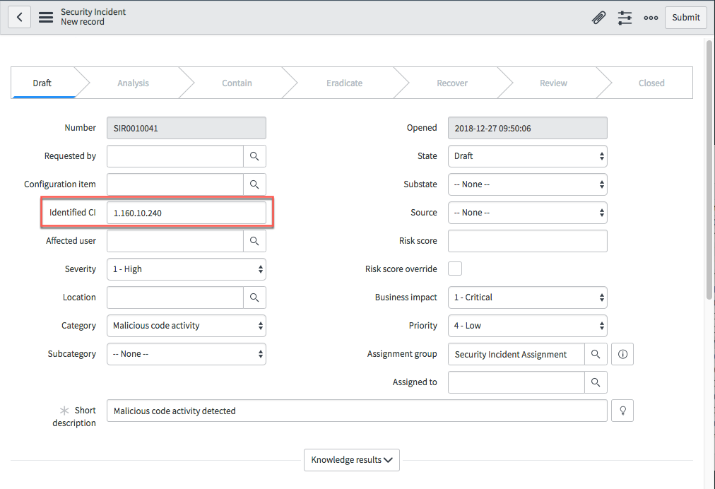Identified CI field highlighted as alternate CI field.
