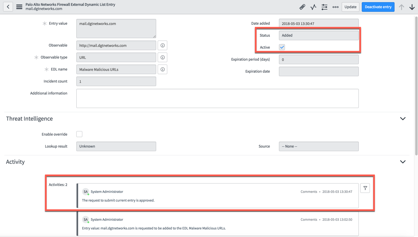 Status, Active check box, and work notes highlighted.