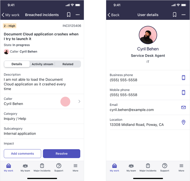 A navigation function configured to navigate from a form field to a user record.