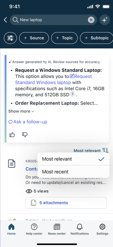 the query of "get a new phone" is answered with a generated answer and links to sources
