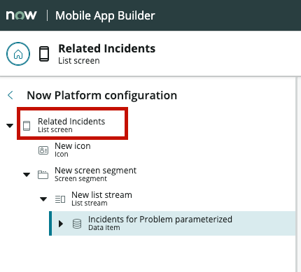 Mobile app builder configuration tree with screen highlighted