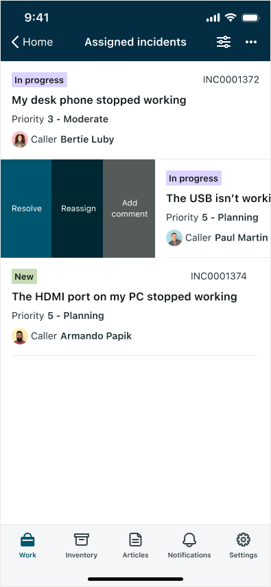 Swipe function from the list view with options to Resolve or Reassign an incident.