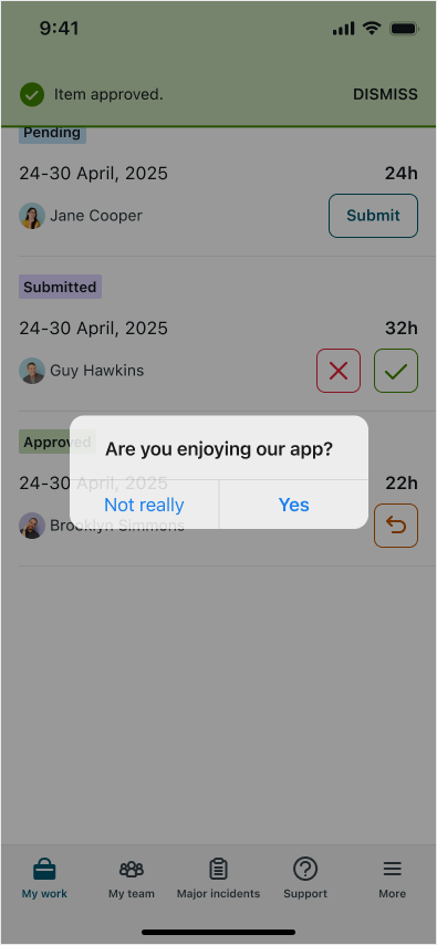 Display of mobile app feedback question.