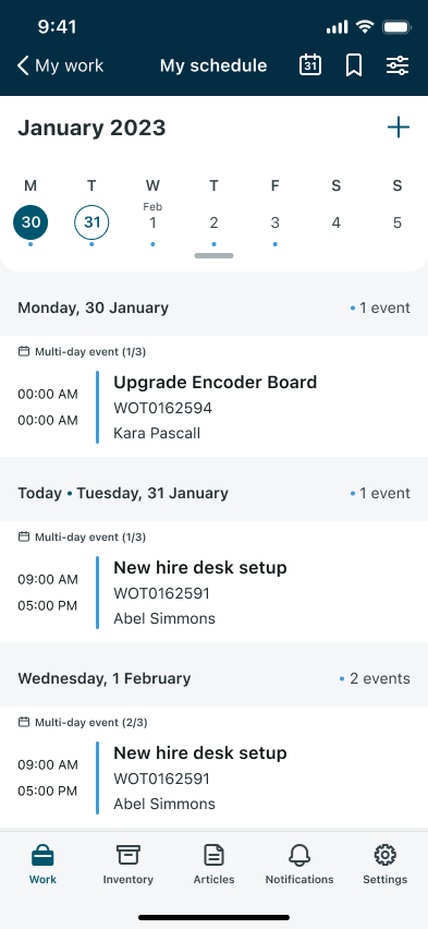 Calendar screen.