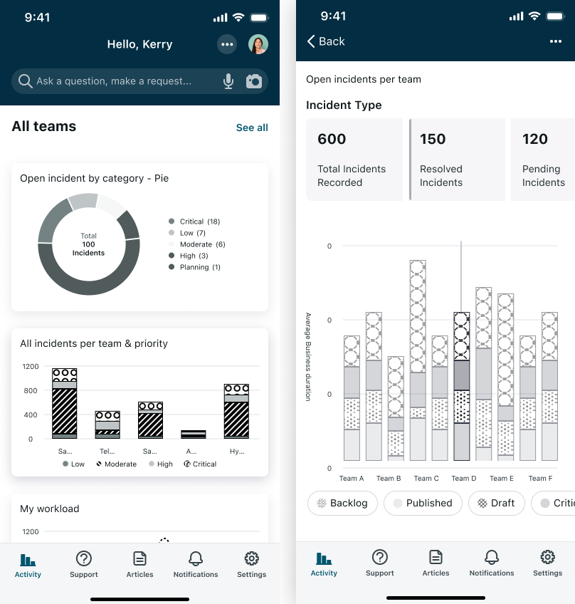 Black and white patterns illustrated in a line chart and bar chart in accessibility mode.