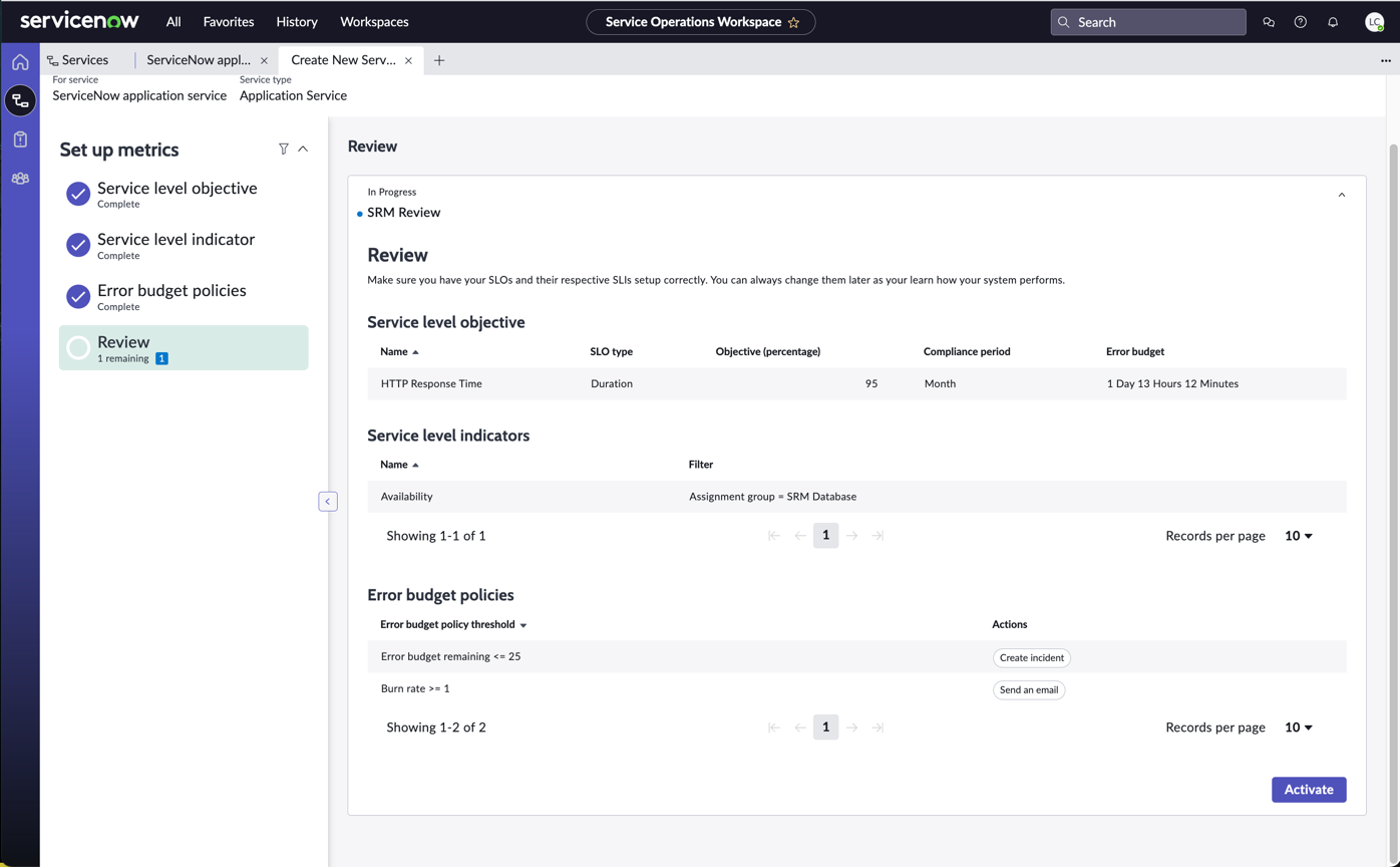 Review panel shows the configured SLO, SLIs, and error budget policies.