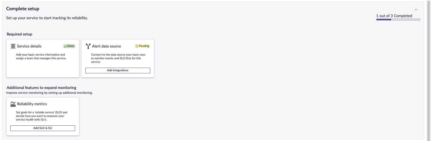 Setup steps include service details, alert data source, and reliability metrics.