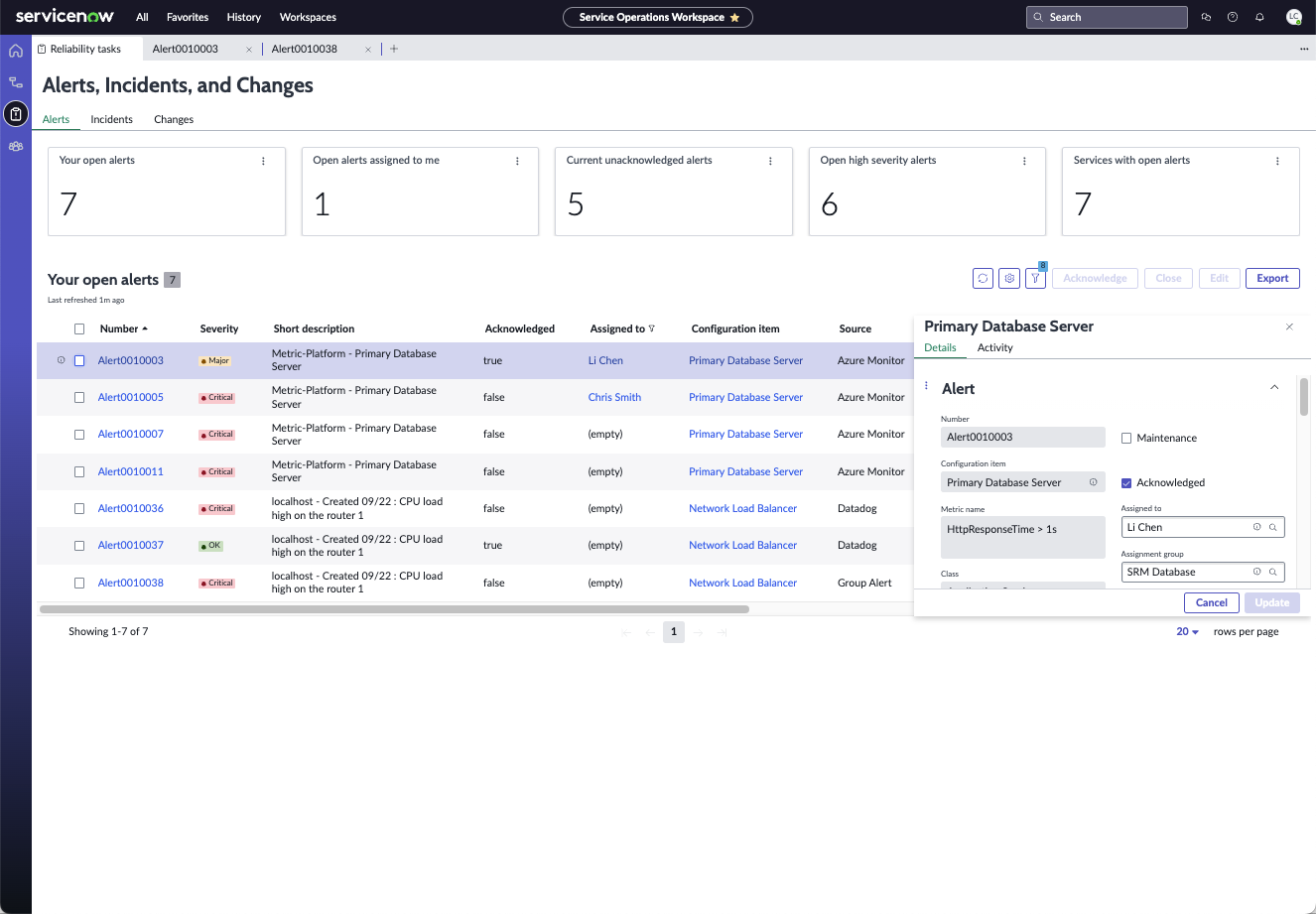Fly-out screen shows details and activity for a primary database server alert.