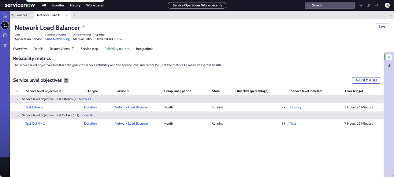 The reliability metrics tab shows a list of the service level objectives for a selected service.