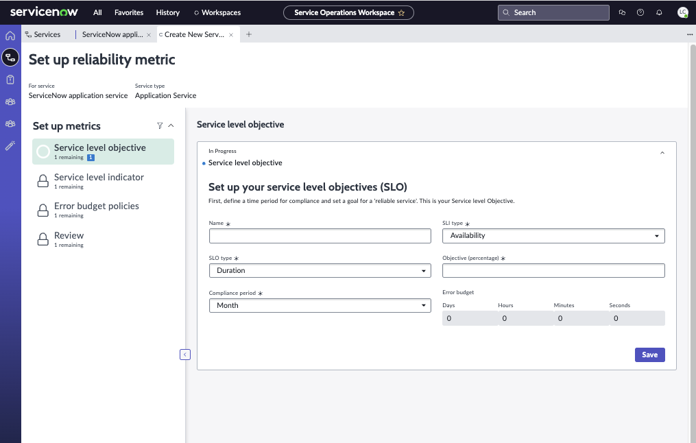 The Set up reliability metric tab shows the forms to fill out, including forms for the SLO and SLI.