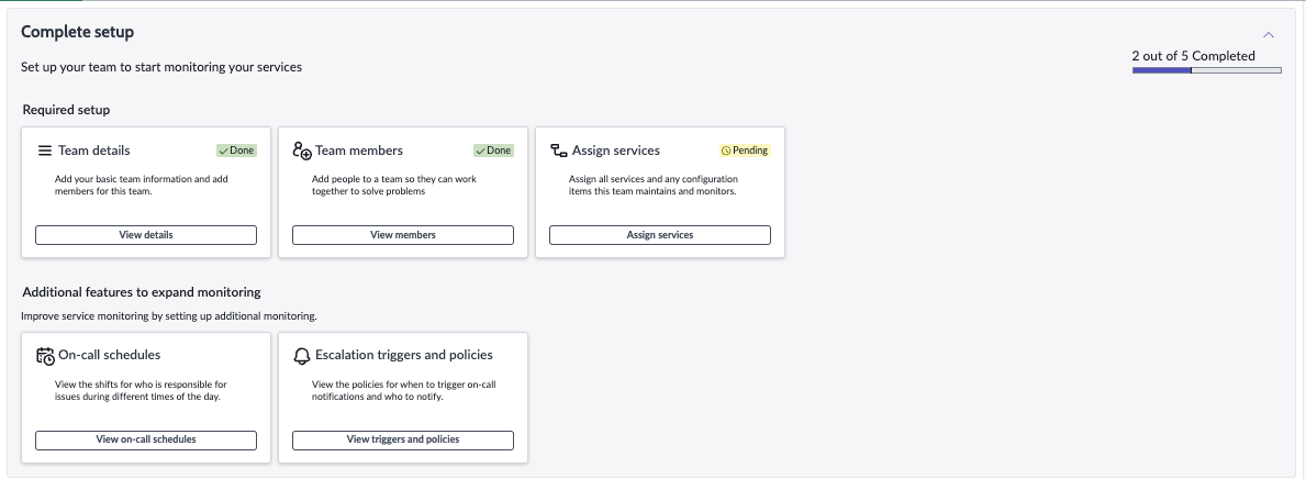 Checklist shows two of five setup steps completed, including team details and team members.