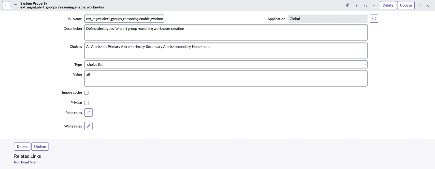 Property page where you can define alert types for creating worknotes related to alert group reasoning.
