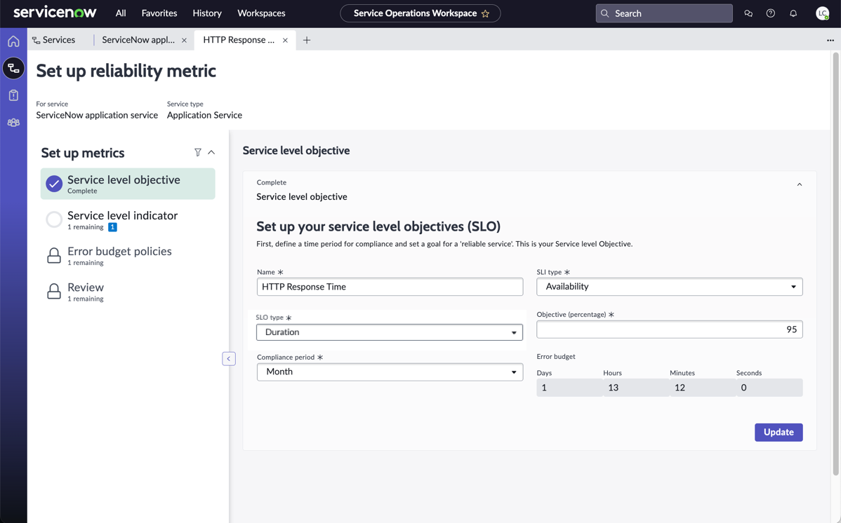 Saved SLO form shows an updated error budget of 1 day, 13 hours, and 12 minutes.