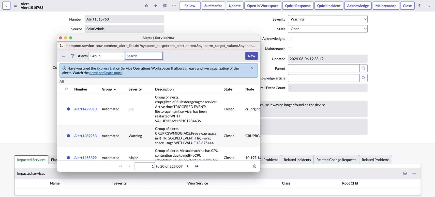 Window from which you can choose a primary alert to add the current alert as a secondary alert.