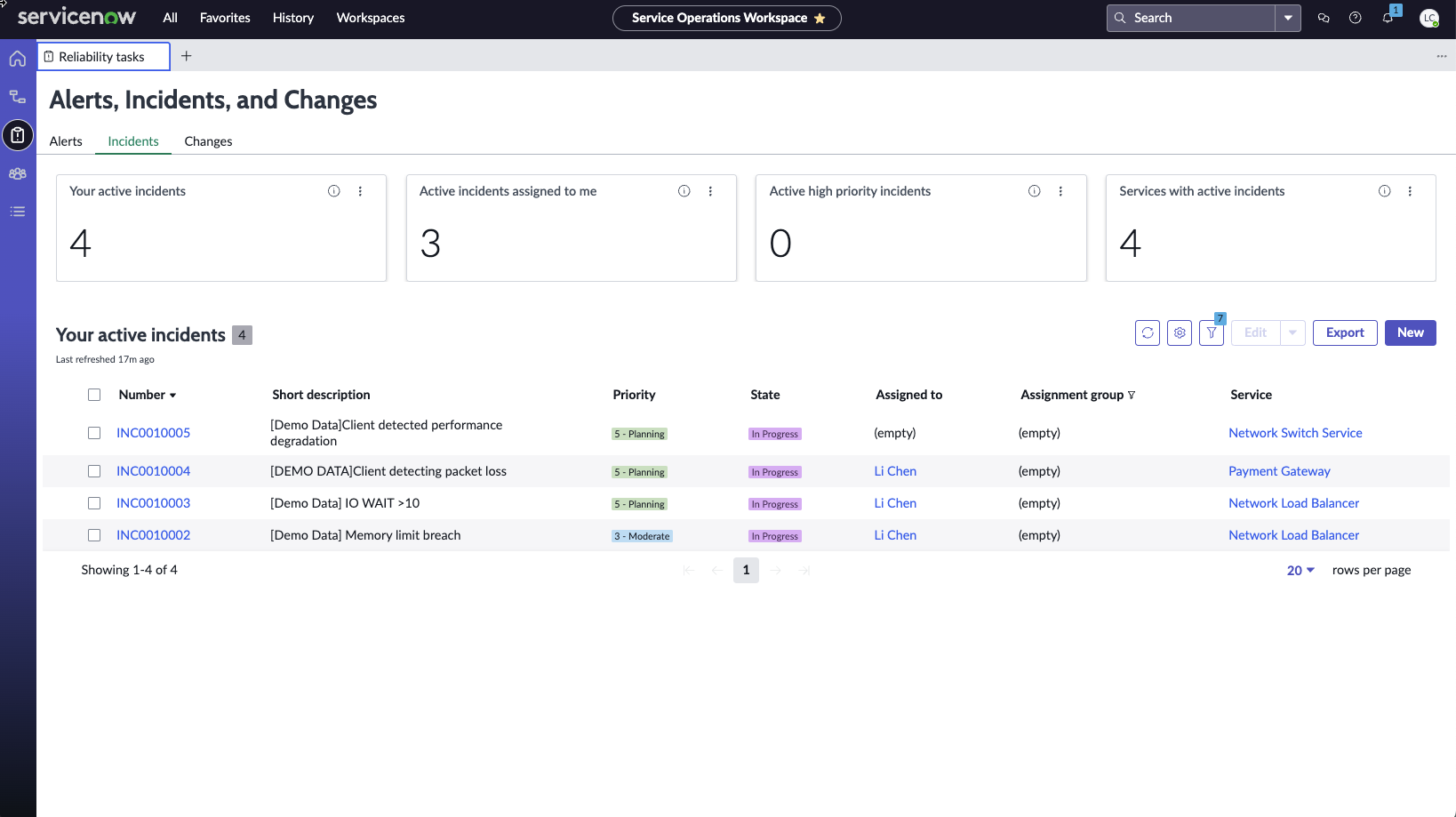 Page shows four active incidents and includes details such as their short descriptions, priorities, and states.