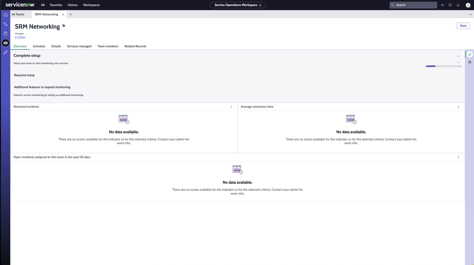 Page shows statistics for the SRM Networking team, including resolved incidents, average resolution time, and open incidents.